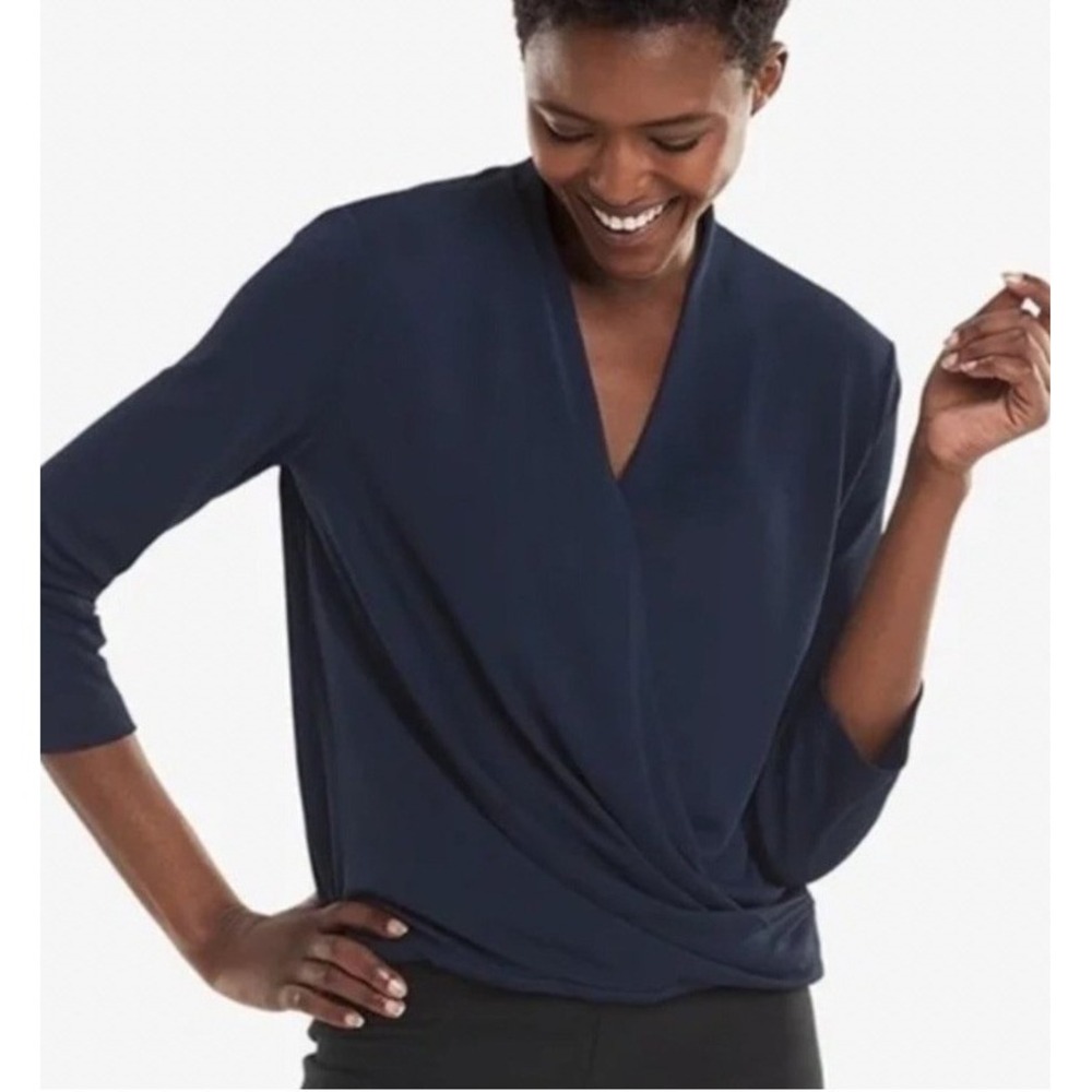 MM.LaFleur Deneuve Blue Faux Wrap Top V-Neck 3/4 Sleeve Blouse  Size +2